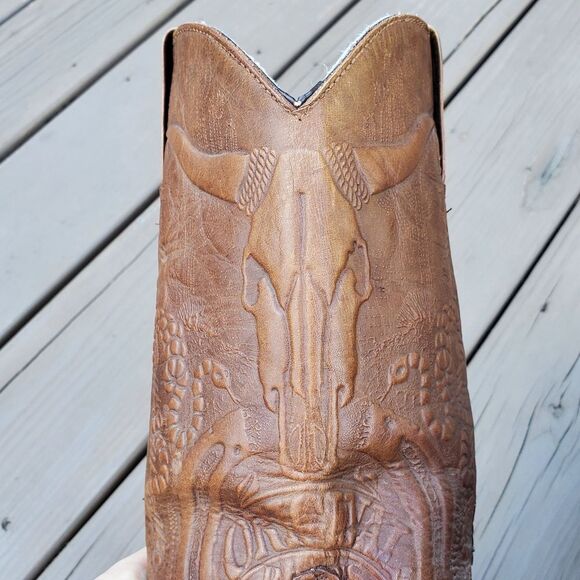 Vintage 90s y2k Handmade Brown Leather Tooled Mexico Western Cowboy Harness Boot - Picture 5 of 9
